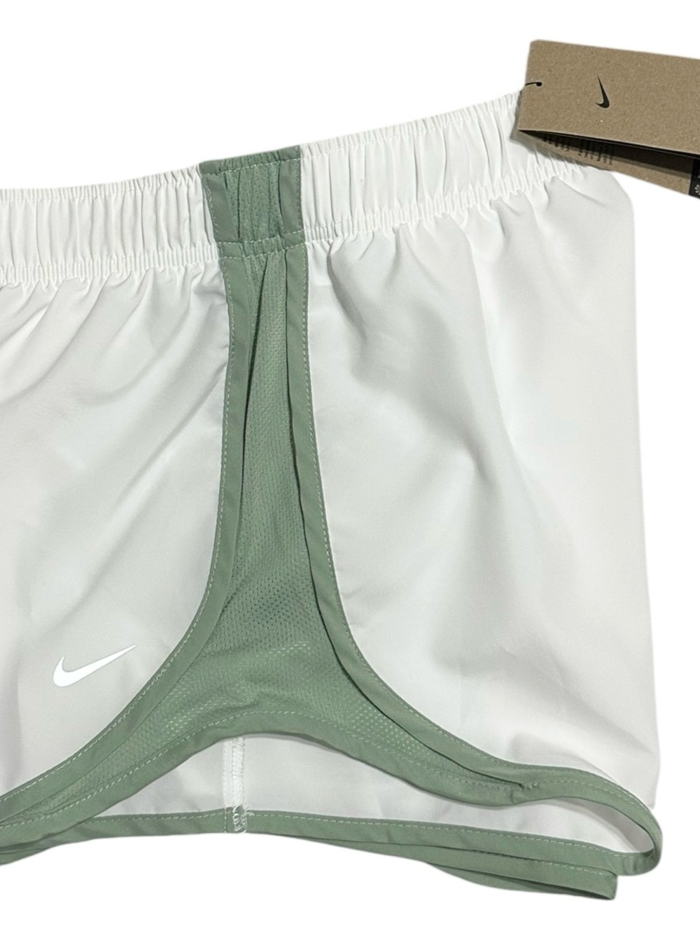 Nike Women’s White & Sage Running Shorts with Green Trim